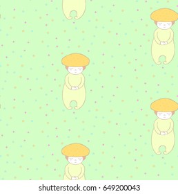 Seamless pattern of cute hand drawn mushroom honey fungus in a jumpsuit on a green background with colourful circles.  Design concept for children - textile print, wallpaper, wrapping paper. Vector