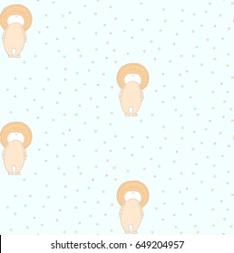 Seamless pattern of cute hand drawn mushroom saffron milk cap in jumpsuit on a green background with colourful circles.  Design concept for children - textile print, wallpaper, wrapping paper. Vector