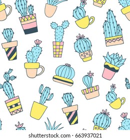 Seamless pattern with cute hand drawn cactus.Perfect for fabric,textile.Vector background