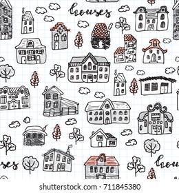 Seamless pattern with cute hand drawn houses. Vector city street collection. Pattern in Swatches.