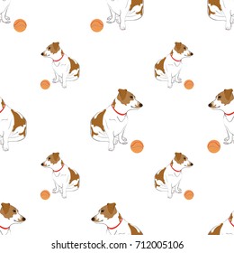 Seamless pattern with cute hand drawn outline sitting spotted dog with bright orange striped ball isolated on a white background