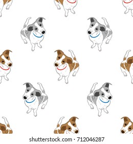 Seamless pattern with cute hand drawn outline standing spotted dog isolated on a white background