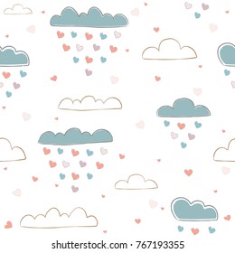 Seamless pattern with cute hand drawn clouds raining with hearts on white background. great for swatches, fabric, wall art, wrapping, nappy, etc. Vector Illustration