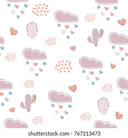 Seamless pattern with cute hand drawn cacti, hearts, dots and clouds raining with hearts on white background. great for swatches, fabric, wall art, wrapping, nappy, etc. Vector Illustration