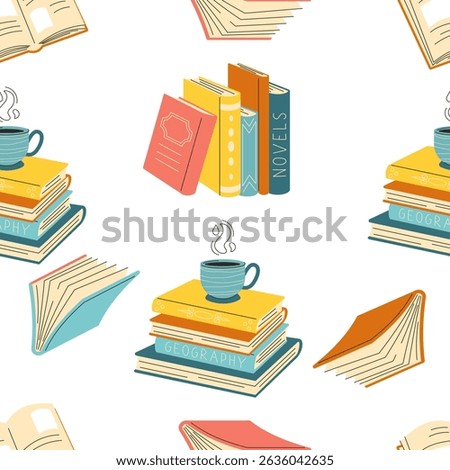  Seamless pattern with Cute hand drawn different stacks and piles of books, open and closed books isolated on white background. 