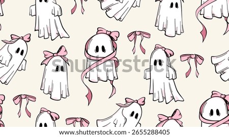 Seamless pattern with cute hand drawn ghost characters wearing pink bows. Adorable girly spooky designs, vector illustrations for Halloween background, wallpaper. Vintage coquette aesthetic.