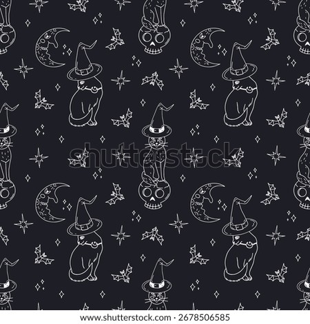 Seamless pattern with cute hand drawn monochrome Halloween witchy black cats sitting on top of skull. Line art spooky repeat background.