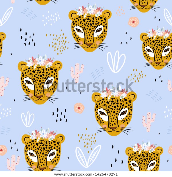 かわいい手描きの豹の顔を持つシームレスな柄 子どもっぽいジャングルの背景にクリエイティブ ベクターイラスト のベクター画像素材 ロイヤリティフリー