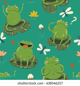 Seamless pattern with cute hand-draw frogs, waterlilly, heartsand dragonflies on cartoon style on blue background. Vector children illustration.