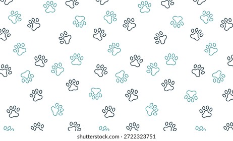 Padrão contínuo de impressões de patas de animais desenhadas à mão bonito em azul e azul escuro em um fundo branco