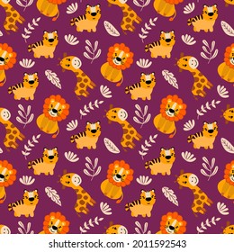 Seamless pattern with cute hand-drawn animals. Lion, tiger, giraffe. Design for fabric, textile, wallpaper, packaging, nursery decoration.	