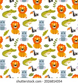 Seamless pattern with cute hand-drawn animals. Lion, hippo, crocodile and toucan. Design for fabric, textile, wallpaper, packaging, nursery decoration.