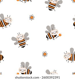 Seamless pattern with cute hand-drawn bees and daisies on a white background. Adorable cartoon insect design, perfect for children's textiles, wallpapers, gift wrapping, and nursery decor.