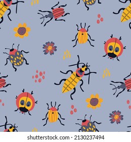 Seamless pattern with cute hand-drawn beetles. Design for fabric, textile, wallpaper, packaging.	
