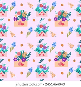 seamless pattern of cute hand-drawn bouquets of flowers and flowers in envelopes, greeting card and design elements for spring holidays, illustrations in a flat Spring postcard.