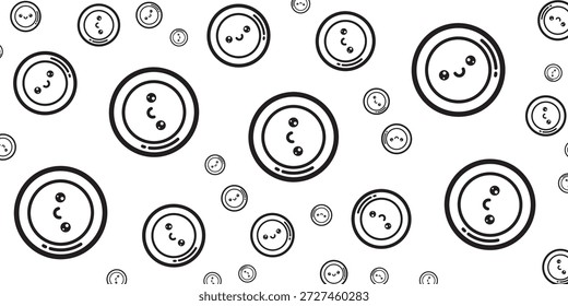 A seamless pattern of cute, hand-drawn buttons with smiling faces and two holes, set against a white background.