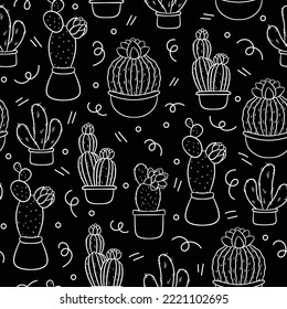 Patrón sin brillo con un bonito fondo negro de cactus dibujado a mano. Estilo de doodle de ilustración vectorial.