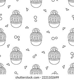 Seamless pattern with cute hand-drawn cacti white background. Vector illustration doodle style.