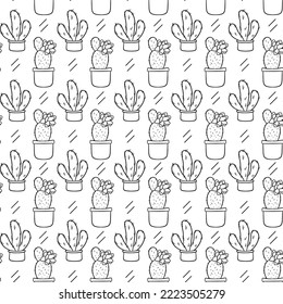 Seamless pattern with cute hand-drawn cacti white background. Vector illustration doodle style.
