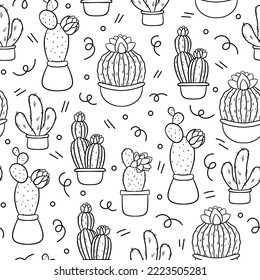 Seamless pattern with cute hand-drawn cacti white background. Vector illustration doodle style.
