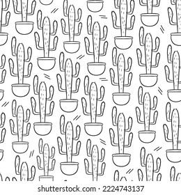 Seamless pattern with cute hand-drawn cacti white background. Vector illustration doodle style.