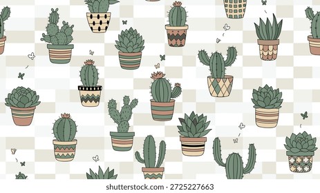 Seamless pattern of cute, hand-drawn cacti and succulents in decorative pots on a neutral checkered background.