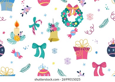 Seamless pattern. A cute pattern of hand-drawn Christmas tree ornaments, wreaths, candies, and candles. Vector