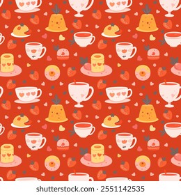 Seamless pattern of cute hand-drawn desserts and teacups on a red background. Perfect for Valentine's Day, food blogs, and kitchen decor. Features strawberries, cakes, donuts, and pudding.
