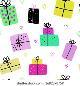 Seamless pattern with cute hand-drawn gift boxes and hearts. Colorful decorative Doodle elements on a white background. Celebrating Birthdays, Holidays, Merry Christmas, New Year. Vector illustration.