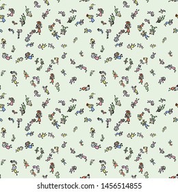Seamless pattern with cute handdrawn girls in various emotions. Vector illustration. Nice use for valentines or kid birthday card, as labels, prints etc
