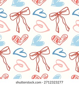 Un patrón sin fisuras con lindos corazones dibujados a mano y lazos en rojo, rosa y azul claro. Perfecto para el día de San Valentín o una fiesta infantil. Vector.