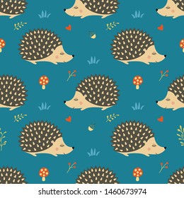 Seamless pattern with cute handdrawn hedgehogs in the forest.