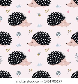 Seamless pattern with cute handdrawn hedgehogs in the forest.