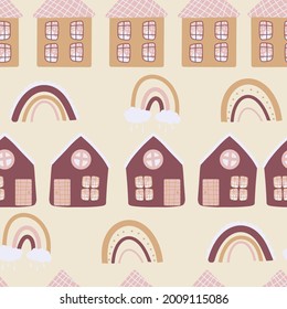 Seamless pattern with cute hand-drawn houses, delicate colors, cartoon houses, simple and cute style, additional rainbow elements, printing on stationery, wallpaper and use in your own design