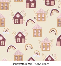 Seamless pattern with cute hand-drawn houses, delicate colors, cartoon houses, simple and cute style, additional rainbow elements, printing on stationery, wallpaper and use in your own design
