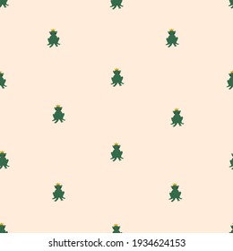Seamless pattern with cute hand-drawn little princess-frogs wearing crowns in scandinavian style  on pink background. Vector childish illustration. For stylish fabric design , wrapping paper 