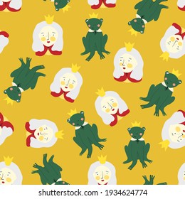 Seamless pattern with cute hand-drawn little princess-frogs and princess-girls wearing crowns in scandinavian style  on pink background. Vector childish illustration of fairy-tale. For stylish fabric 