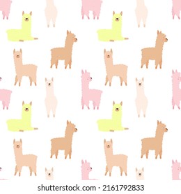 Seamless pattern of cute hand-drawn llamas or alpacas on a transparent background. Illustration for children, room, textile, clothes, cards, wrapping paper.