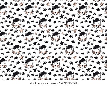 Seamless pattern of cute hand-drawn portraits of tigers in baseball caps with rosy cheeks, stars and black footprints of cat legs. Endless fun texture for children’s clothing, fabric etc. Vector.