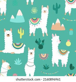 Seamless pattern of cute hand-drawn white llamas or alpacas, cacti, mountains, sun, garlands on a blue background. Illustration for children, room, textile, clothes, cards, wrapping paper.