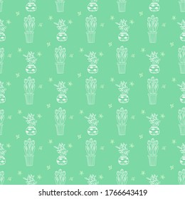 Seamless pattern with cute handmade white drawings of indoor plants in pots, flowers tulips on a green background with butterflies and bee. Vector collection of doodle plants. Home, interior concept.