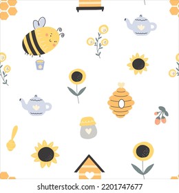 Seamless Pattern With Cute Handrawn Bees And Beekeeping Elements, Honey, Sunflower, Beehive, Honeycomb, Honey Jar, Teapot. Texture For Fabric, Wrapping, Textile, Wallpaper, Apparel. Vector Graphic