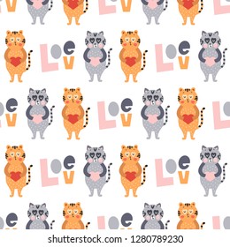 Seamless pattern with cute happy animals for Valentine's day.