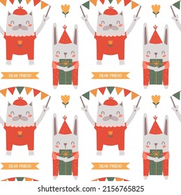 Seamless pattern with cute happy animals in overalls with flower, hat, gift, bunting flags, ribbon. Concept for children print in flat style. Vector background with white rabbit, cat.