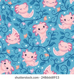 Seamless pattern with cute and happy baby axolotls and algae on a blue background. Repeated surface vector design.