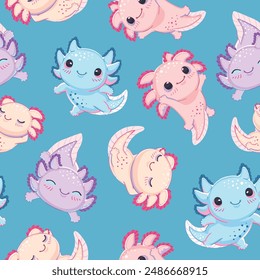 Seamless pattern with cute and happy baby axolotls on a blue background. Repeated surface vector design.