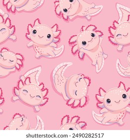 Seamless pattern with cute and happy baby axolotls on a pink background. Repeated surface vector design.