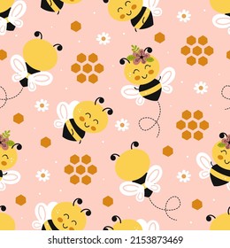seamless pattern with cute happy bees