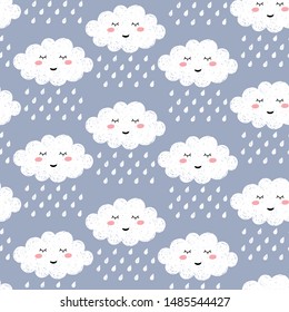 Seamless pattern with cute happy cartoon kawaii cloud on blue backdrop with rain drops. Dreaming cloud vector background.