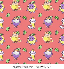 Patrón sin foco con gatos felices adorables con trajes de fruta.